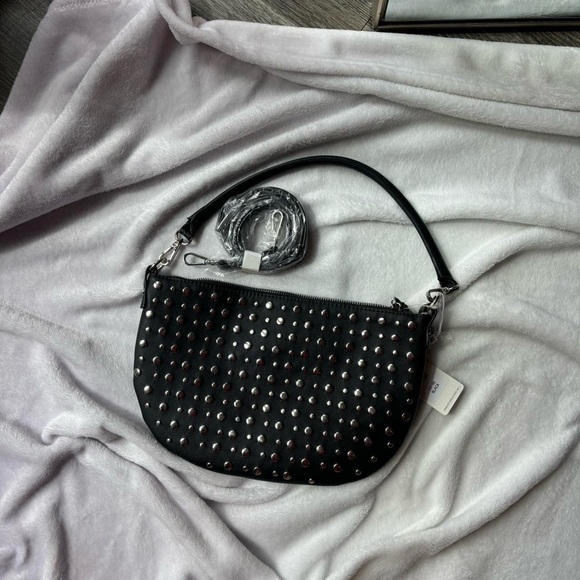 Black vegan leather studded shoulder bag with stud silver...